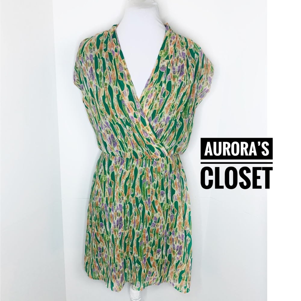 Collective Concepts XS Green Mini Dress Faux Wrap V Neck Garden